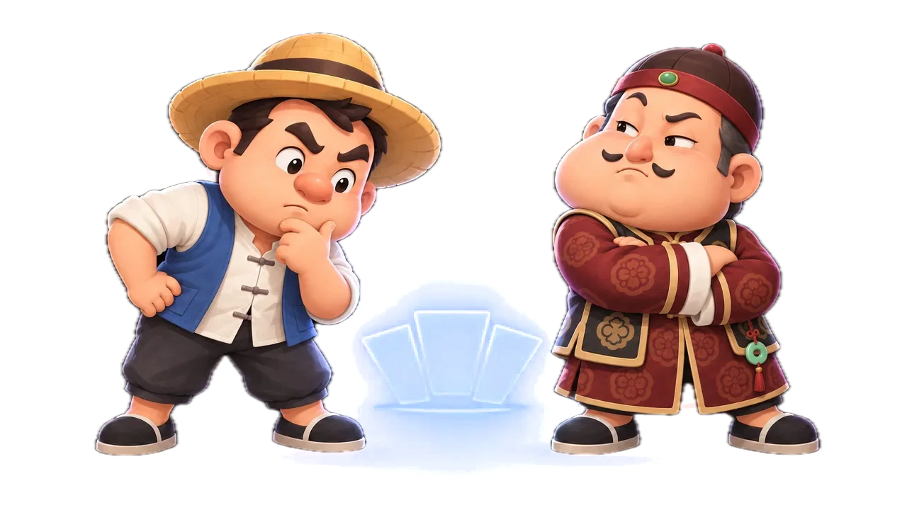 農民疑惑地看牌，地主不服氣地湊近，兩人一起讀懂局面分析