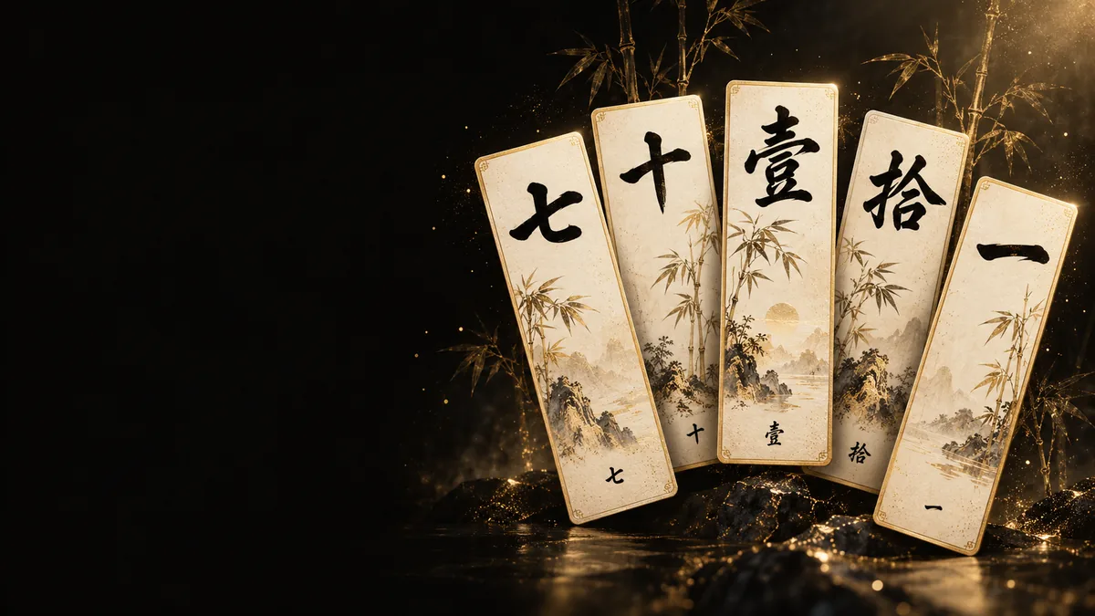 幾張長條字牌散開在深色背景上